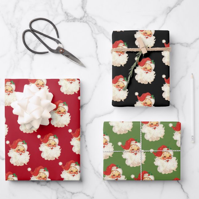 Retro Santa Claus Head Wrapping Paper Sheet (Front)