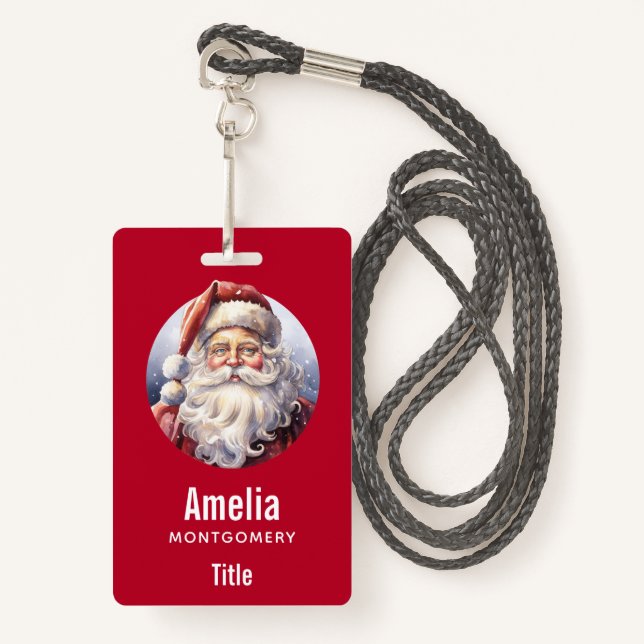 Retro Santa Claus in a Red Hat Christmas ID Badge (Front with Lanyard)