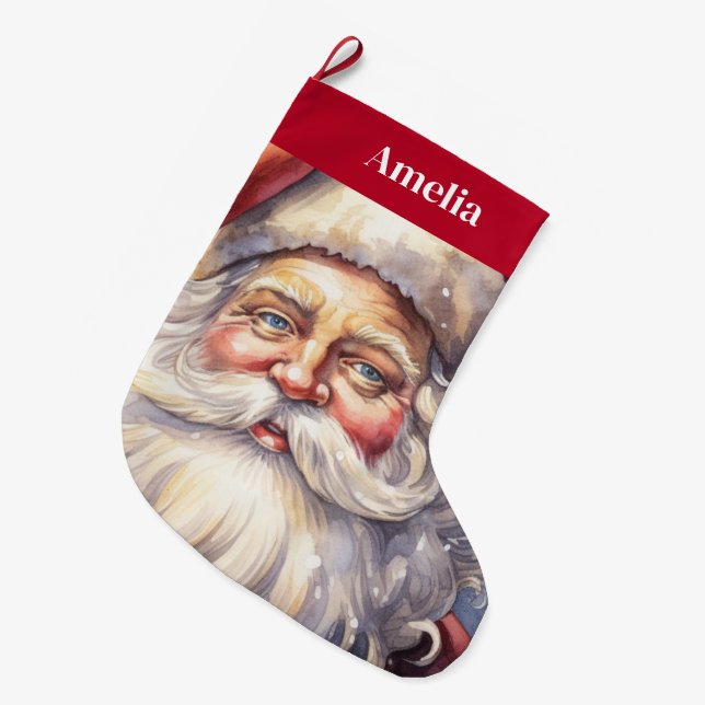 Retro Santa Claus in a Red Hat Christmas Large Christmas Stocking (Front (Hanging))