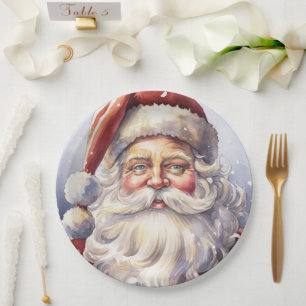 Retro Santa Claus in a Red Hat Christmas Paper Plate