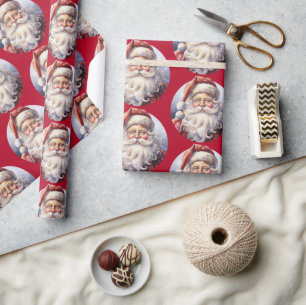 Retro Santa Claus in a Red Hat Christmas Pattern Wrapping Paper