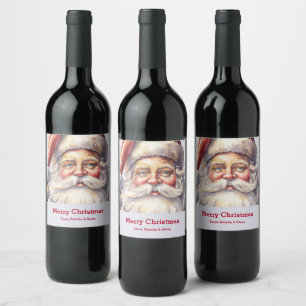 Retro Santa Claus in a Red Hat Christmas Wine Label