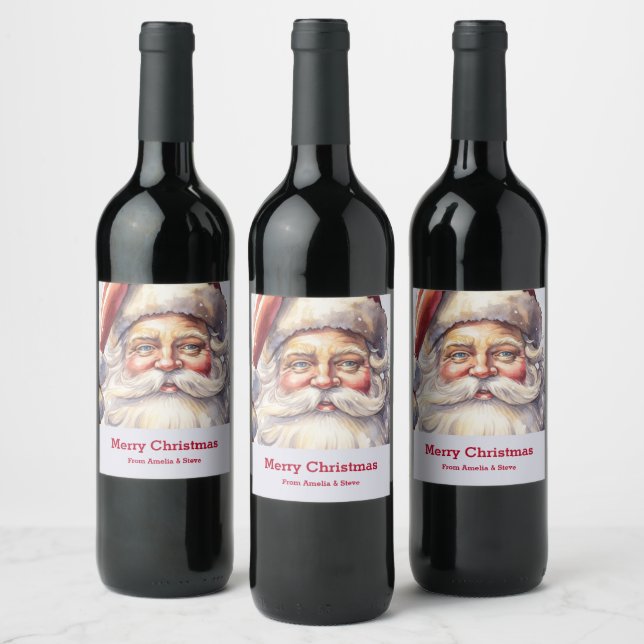 Retro Santa Claus in a Red Hat Christmas Wine Label (Bottles)
