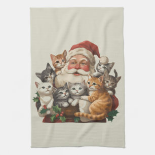 Retro Santa Claus & Kittens Christmas Winter 90s Tea Towel