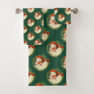 Retro Santa Claus Pattern on Green Bath Towel Set