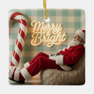 Retro Santa Claus Relaxing in a Fuzzy Chair Ceramic Ornament