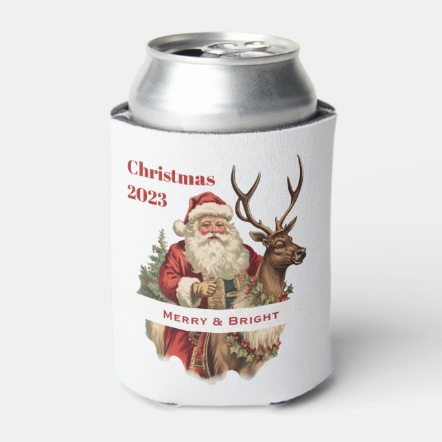 Retro Santa Claus Riding a Reindeer Christmas Can Cooler (Can Front)