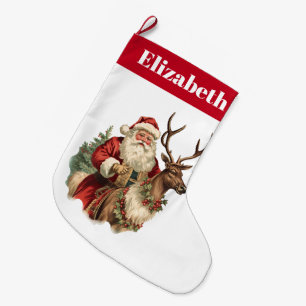 Retro Santa Claus Riding a Reindeer Christmas Large Christmas Stocking