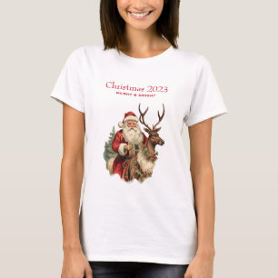 Retro Santa Claus Riding a Reindeer Christmas T-Shirt