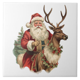 Retro Santa Claus Riding a Reindeer Christmas Tile