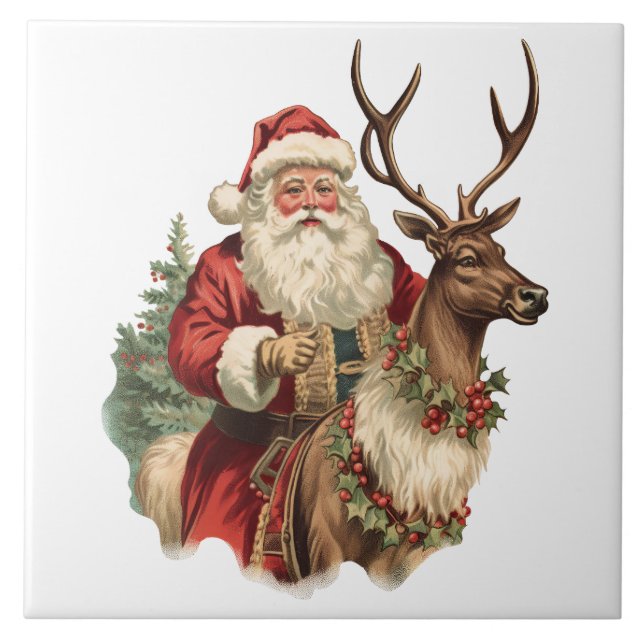 Retro Santa Claus Riding a Reindeer Christmas Tile (Front)