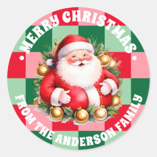 Retro Santa Claus Tartan Plaid Christmas Classic Round Sticker