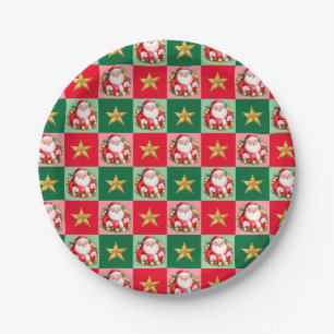 Retro Santa Claus Tartan Plaid Christmas Paper Plate