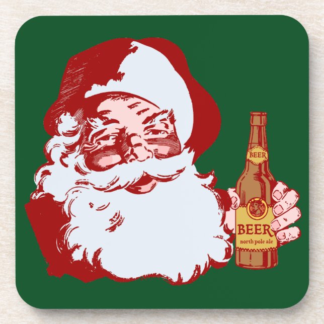 Retro Santa Claus with a Beer Christmas Coaster (Front)