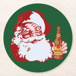Retro Santa Claus with a Beer Christmas Round Paper Coaster