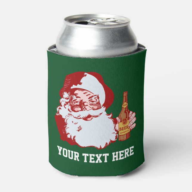 Retro Santa Claus with Beer Christmas Funny Custom Can Cooler (Can Front)