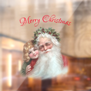 Retro Santa Claus with holly Wreath Christmas Window Cling