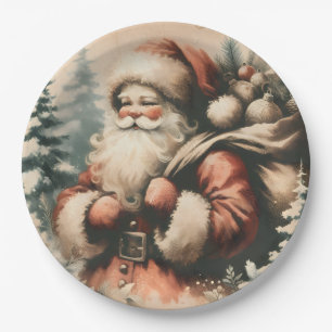 Retro Santa Claus with Ornaments Paper Plate