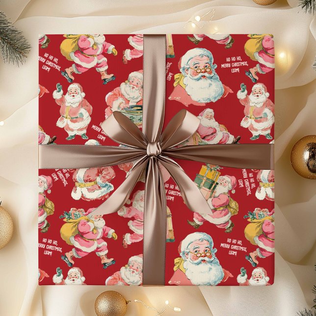 Retro Santa Claus Wrapping Paper in Red  (Retro Red Santa Claus-Nostalgic Christmas Gift Wrapping Set)
