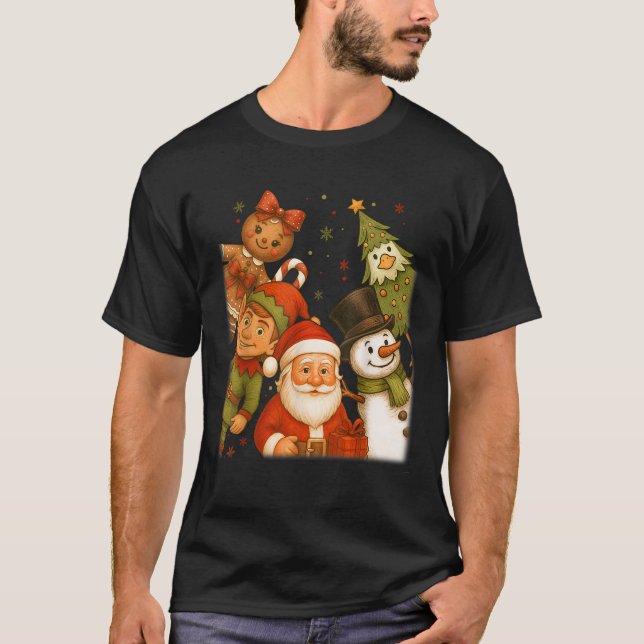 Retro Santa Elf Snowman Gingerbread Christmas Goos T-Shirt (Front)