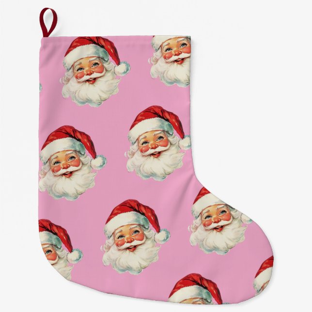 Retro Santa Face Christmas Pink Large Christmas Stocking (Front)