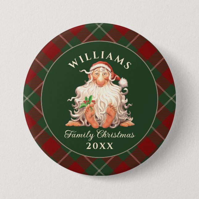 Retro Santa Family Christmas with Name and Year 7.5 Cm Round Badge (Front)