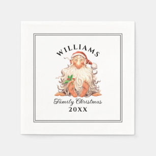 Retro Santa Family Christmas with Name and Year Napkin