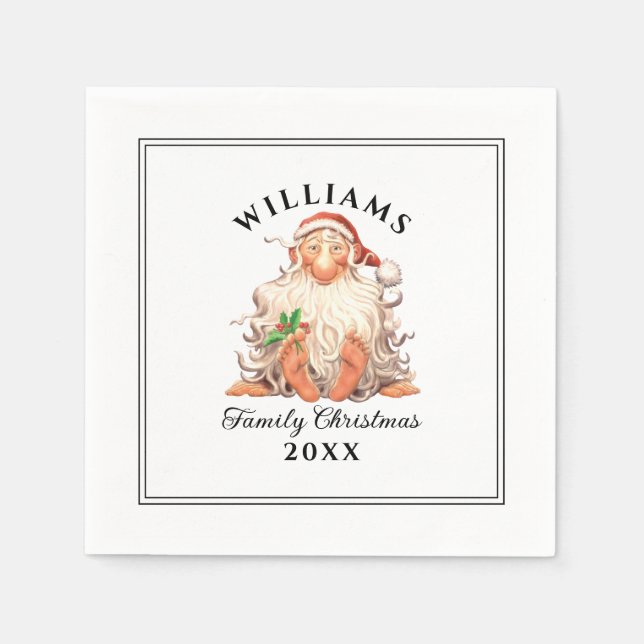 Retro Santa Family Christmas with Name and Year Napkin (Front)