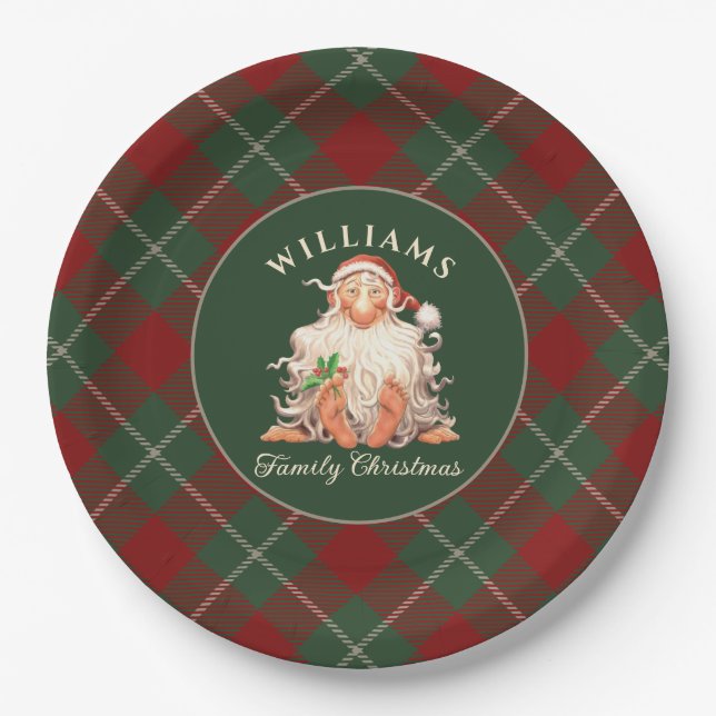 Retro Santa Family Christmas with Name and Year Paper Plate (Front)
