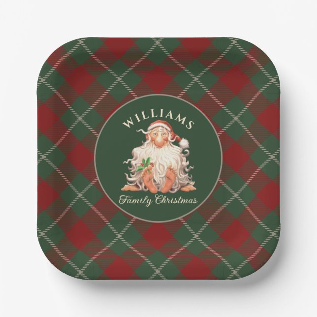 Retro Santa Family Christmas with Name and Year Paper Plate (Front)