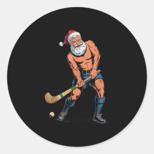 Retro santa field hockey player funny xmas men classic round sticker