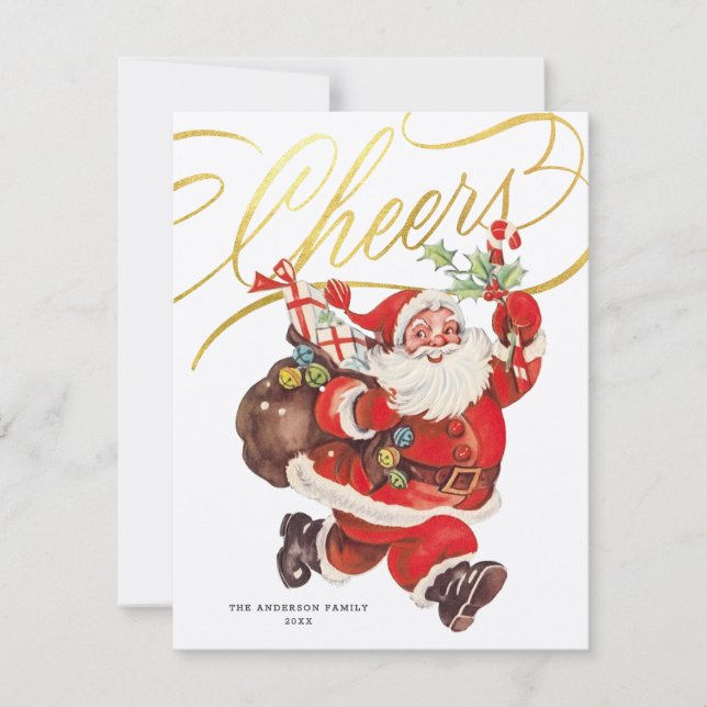 Retro Santa Gold Script Cheers Non-Photo Christmas Holiday Card (Front)