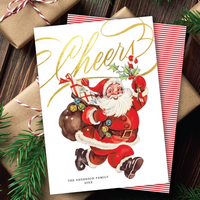 Retro Santa Gold Script Cheers Non-Photo Christmas Holiday Card (Creator Uploaded)