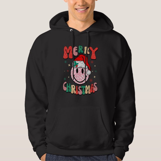 Retro Santa Hat Leopard Smile Face  Christmas Hoodie (Front)
