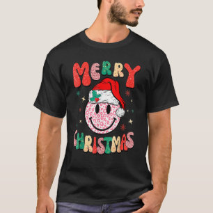 Retro Santa Hat Leopard Smile Face Merry Christmas T-Shirt