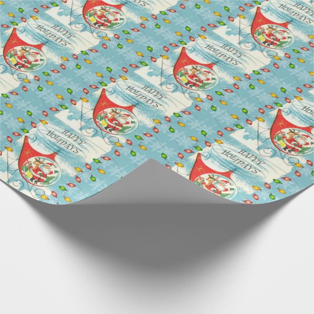 Retro Santa Helicopter Holiday Lights Aqua Blue Wrapping Paper (Corner)