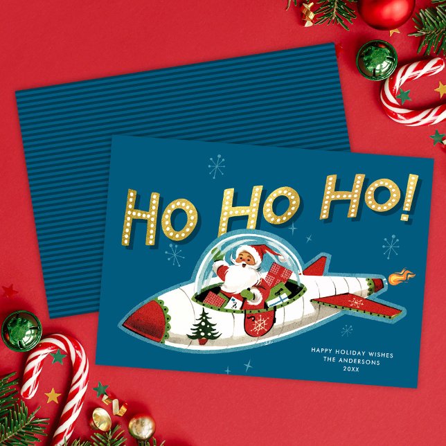 Retro Santa in Rocket Ho Ho Ho Non-Photo Christmas Holiday Card (Creator Uploaded)
