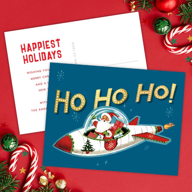 Retro Santa in Rocket Ho Ho Ho Non-Photo Christmas Holiday Postcard (Creator Uploaded)