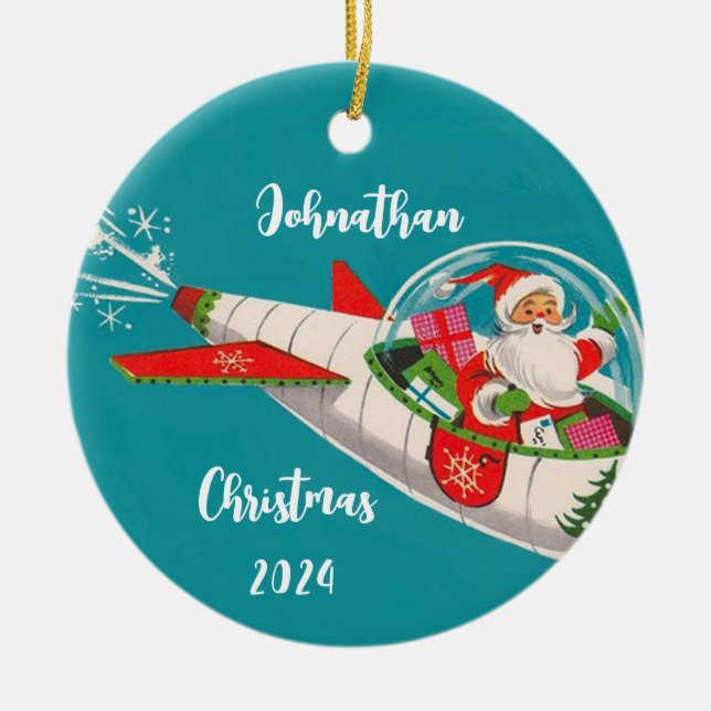 Retro Santa in Rocketship Personalised Ornament (Front)