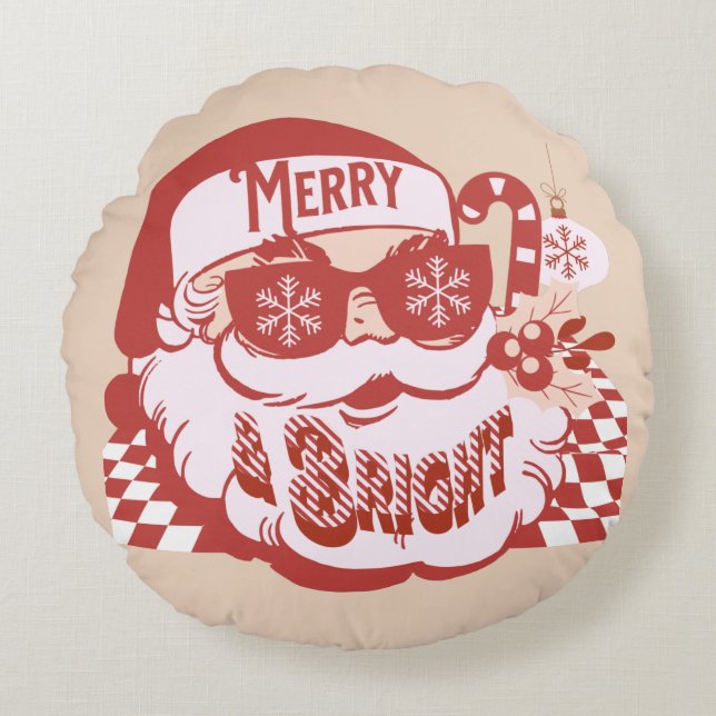 Retro Santa Merry and Bright Groovy   Round Cushion (Front)