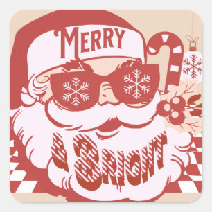 Retro Santa Merry and Bright Groovy Square Sticker
