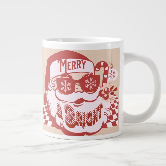 Retro Santa Merry Bright Christmas Pink Red   Large Coffee Mug (Right)