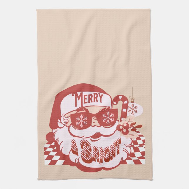 Retro Santa Merry Bright Christmas Pink Red   Tea Towel (Vertical)