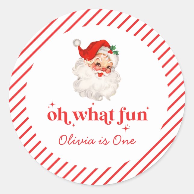 Retro Santa Oh What Fun Birthday Classic Round Sticker (Front)