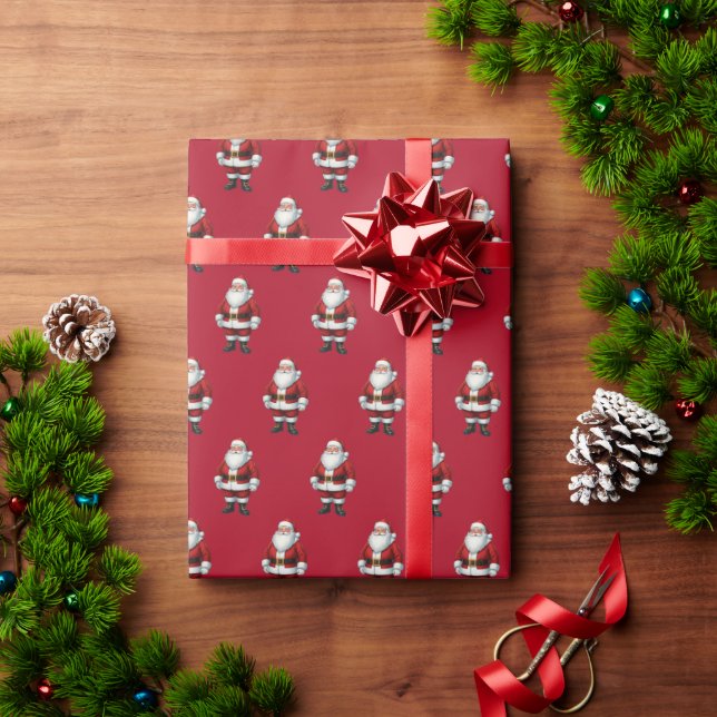 Retro Santa on Deep Red Christmas Pattern Wrapping Paper (Holiday Gift)