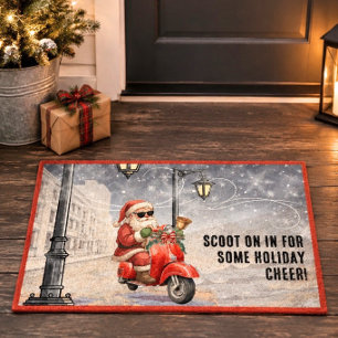 Retro Santa on Motor Scooter Christmas Holiday Doormat