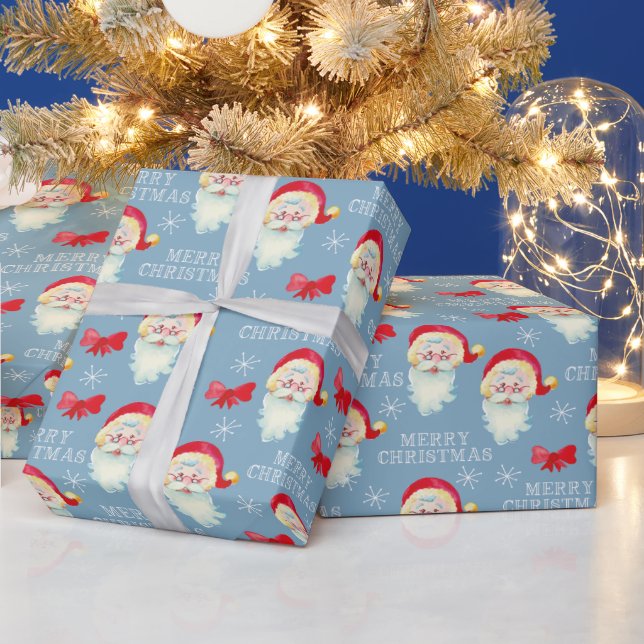 Retro Santa on Pastel Blue Christmas Wrapping Paper (Holidays)