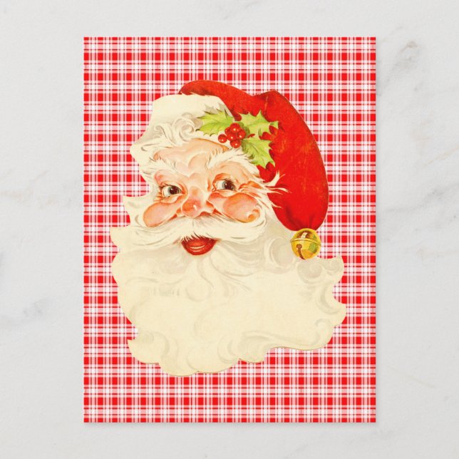 Retro Santa on Plaid Holiday Postcard (Front)