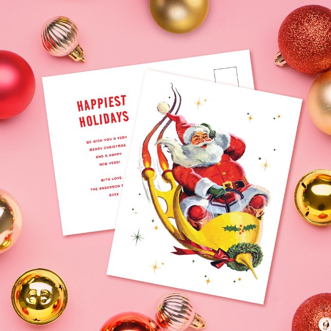 Retro Santa on Rocket Non-Photo Christmas Holiday Postcard (Creator Uploaded)