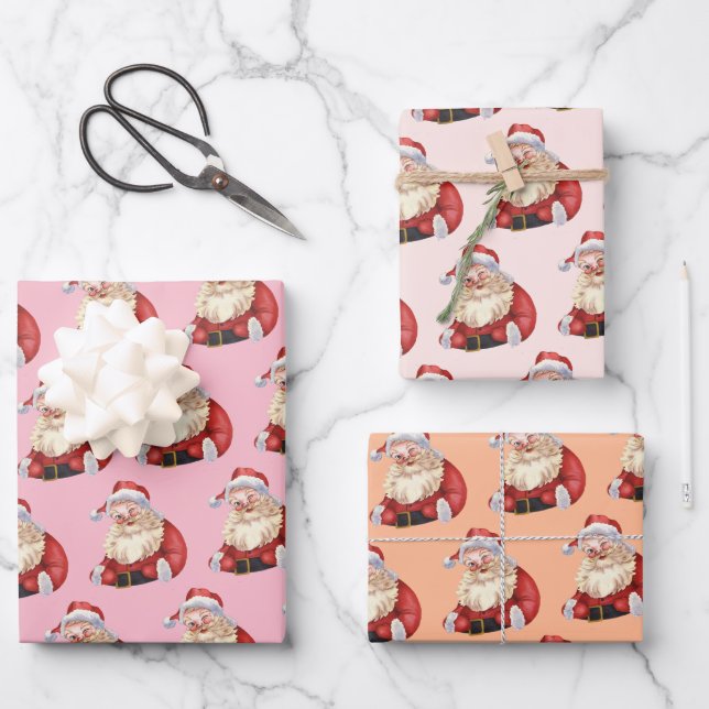 Retro Santa Pastel Pink Christmas Wrapping Paper (Front)